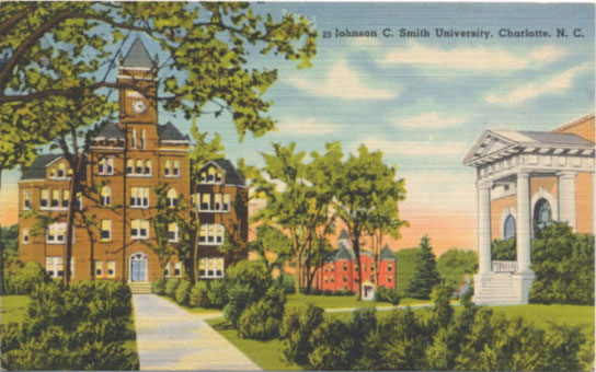 Biddle Hall, left, and Carnegie Library, right. (Robinson-Spangler Carolina Room, Charlotte Mecklenburg Library) 