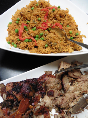 Arroz con gandules (top) with pernil (below).