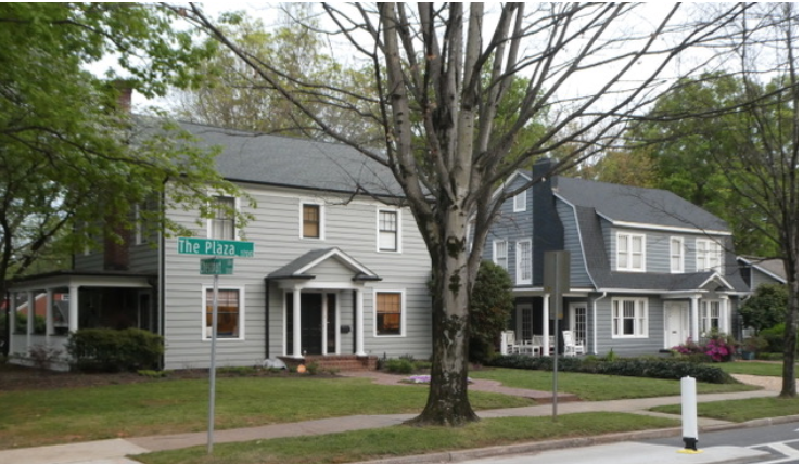 Symmetrical, with small-paned windows and a front entrance set smack in the middle of the 2-story façade – these are characteristics of the Colonial Revival. 1726 The Plaza is your basic Colonial Revival. 1724 is quite similar, but it is capped with a barn-like "Dutch Gambrel" roof.