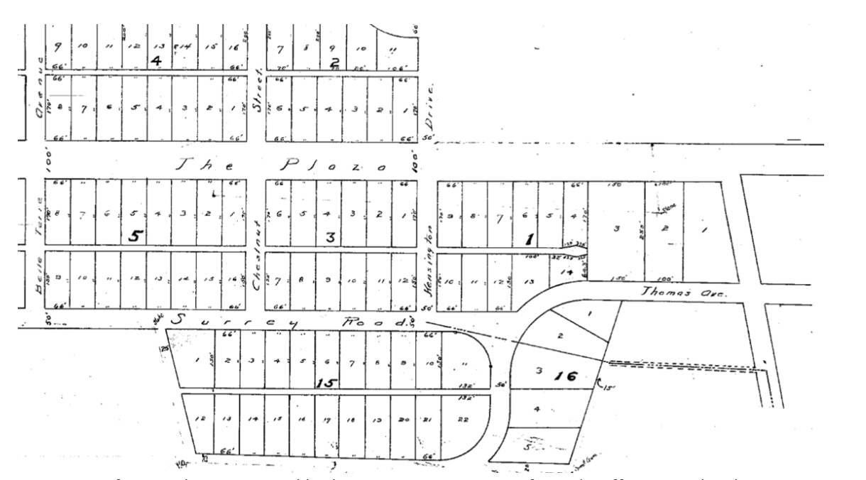 Whoops! All of a sudden Thomas Avenue does a graceful but unexpected curve. You are leaving the part of Thomas Avenue designed in 1912 by Mr. Leigh Colyer – he planned for it to have its own name, Surrey Road – and you are returning to the earlier plat that laid out blocks along Central Avenue in 1903.

This drawing is a portion of 1912 plat map, Mecklenburg County Register of Deeds Office, map book 230, pages 206 – 07