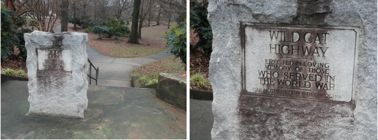 After World War I, soldiers’ mothers came together to place stone memorials across North Carolina. The markers did double-duty as wayfinding for the first two cross-state highways: the Old Hickory route (roughly today’s US 40) and the Wildcat Highway (today’s US 74). Note that the inscription says “The World War.” Few imagined there might be a second one.