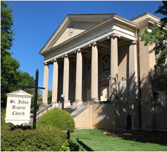 Architect J.M. McMichael, who designed many Carolina churches including what is now Spirit Square in uptown Charlotte, seems to have hated steeples. For St. John’s Baptist, 1925, he based his design on the temples of ancient Greece – no steeples!