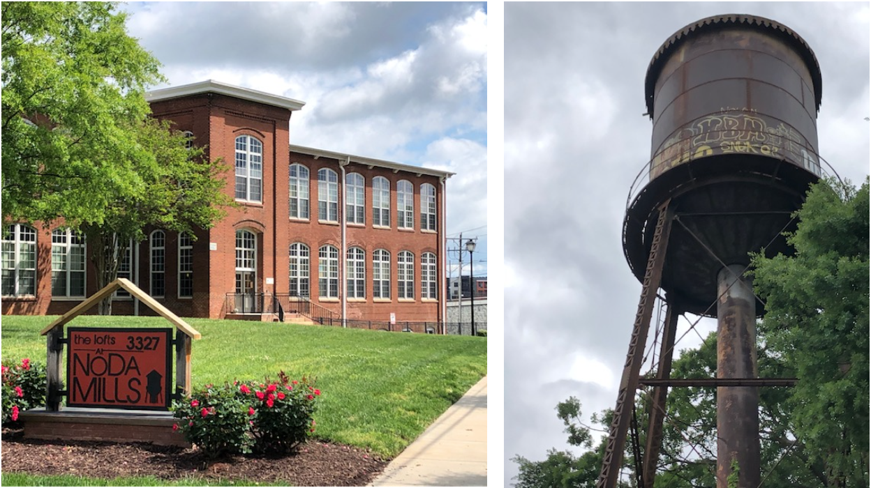 Financed by a relative of tobacco millionaire James B. Duke, the Mecklenburg Mill began running in 1905. 175 workers – many of whom lived in company-owned houses in the shadow of the water tower across the street -- took in raw cotton, spun it into thread, then wove that into cloth. Later known as the Mercury Mill, it became part of the Johnston family’s holdings before closing in the 1970s. In 2013 the NoDa Neighborhood and Business Association sought out a developer who would renovate it for a mix of much-needed affordable housing plus market-rate apartments.