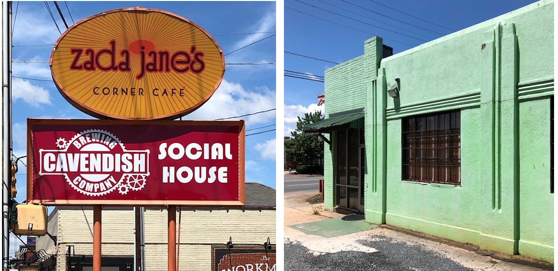 With its laid-back hippie vibe, maybe it’s only fitting that this building itself is twice-recycled. Look around the alley side and you’ll see Art Deco “fins” that date from its 1939 origin as a Shell gas station. Wrapped around that is the brick and plate glass of the One Hour Martinizing laundry that took over the spot in the early 1960s. Zada Jane’s opened in 2007, deftly re-using the oval Martinizing sign out front.