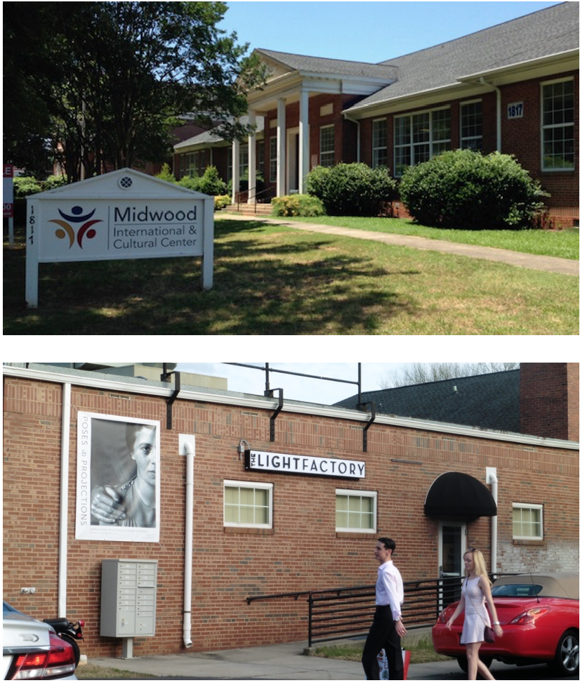 Midwood Elementary School went up during the Great Depression, funded by New Deal dollars. Today it’s considered too small by a modern school standards, so CMS rents it out to non-profits. The old cafeteria is stylishly upfitted as Light Factory, a photography education center and one of the top photo galleries in the South, featuring local and national artists.