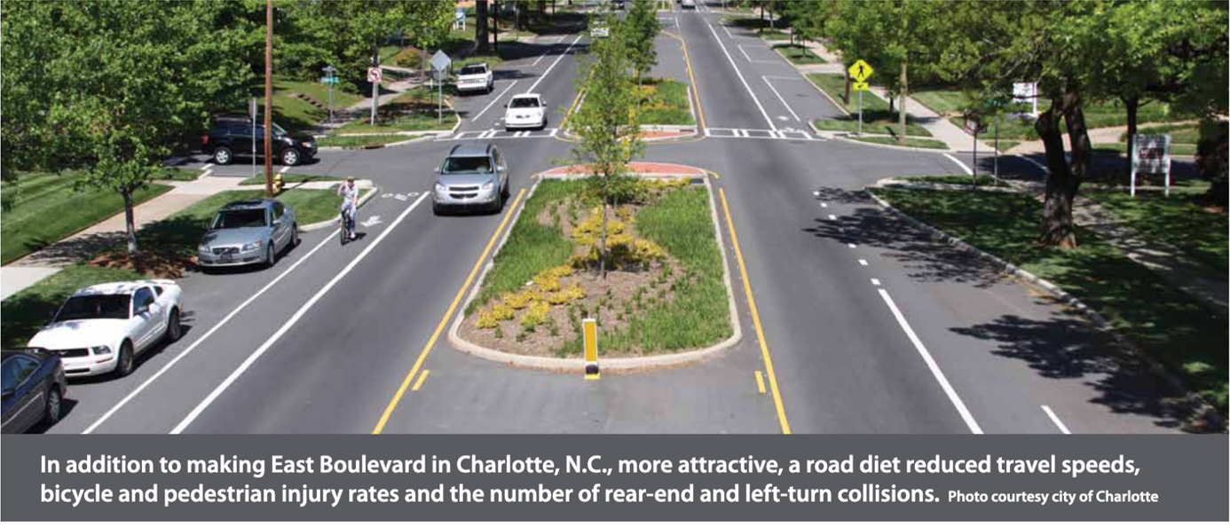 AARP Livability Fact Sheet
Edward Dilworth Latta built East Boulevard wide, with a streetcar track in the middle and ample room for horsedrawn carriage traffic on each side. But with the streetcar long-gone, motorists were treating the wide avenue as a racetrack, hitting speeds up to 60 mph. So in 2010 Charlotte’s Department of Transportation added a landscaped median and bicycle lanes – a national model for “traffic calming.”