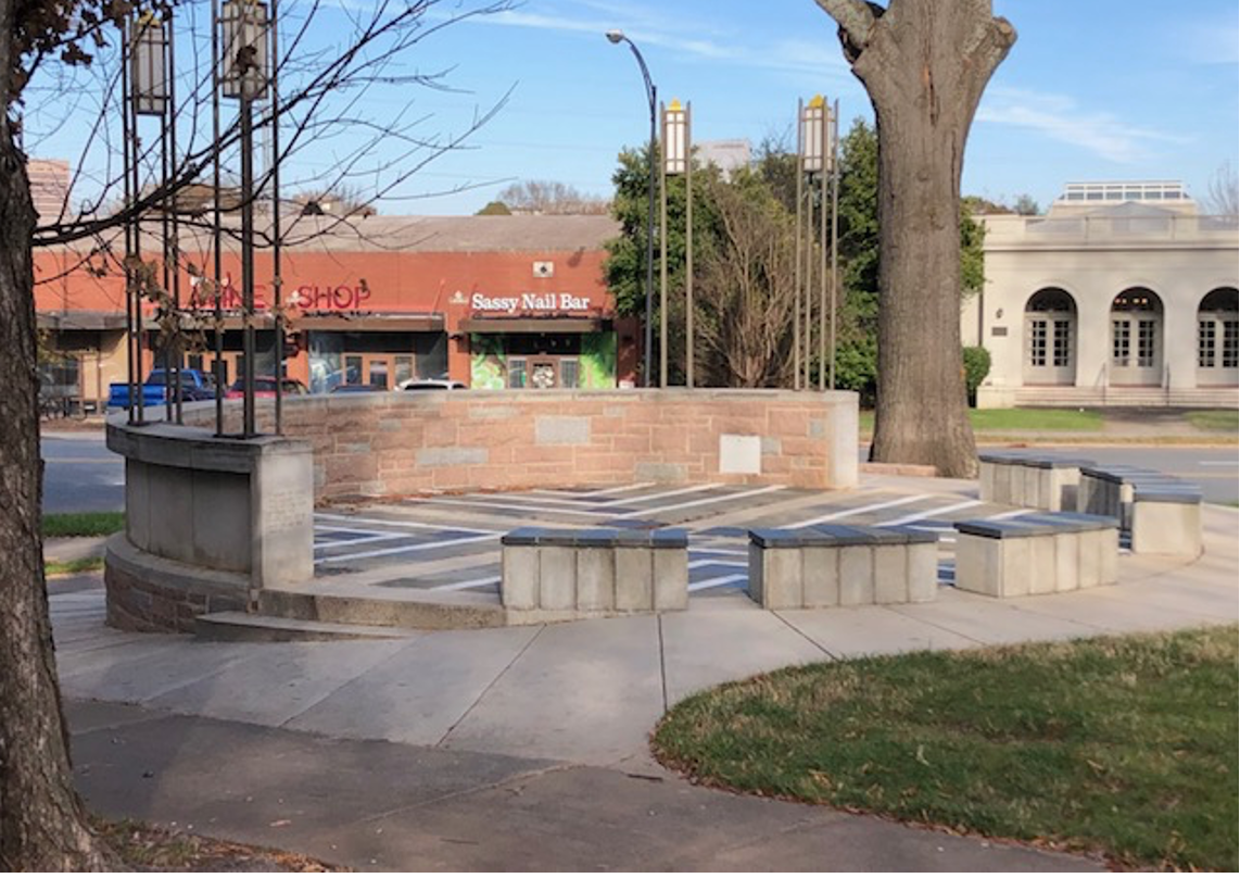 Covenant Presbyterian Church members Joe and Joan Martin donated this circular plaza and seating area. The same couple were major donors to construction of Imaginon, Charlotte’s childrens theater and library uptown on E. Seventh Street.