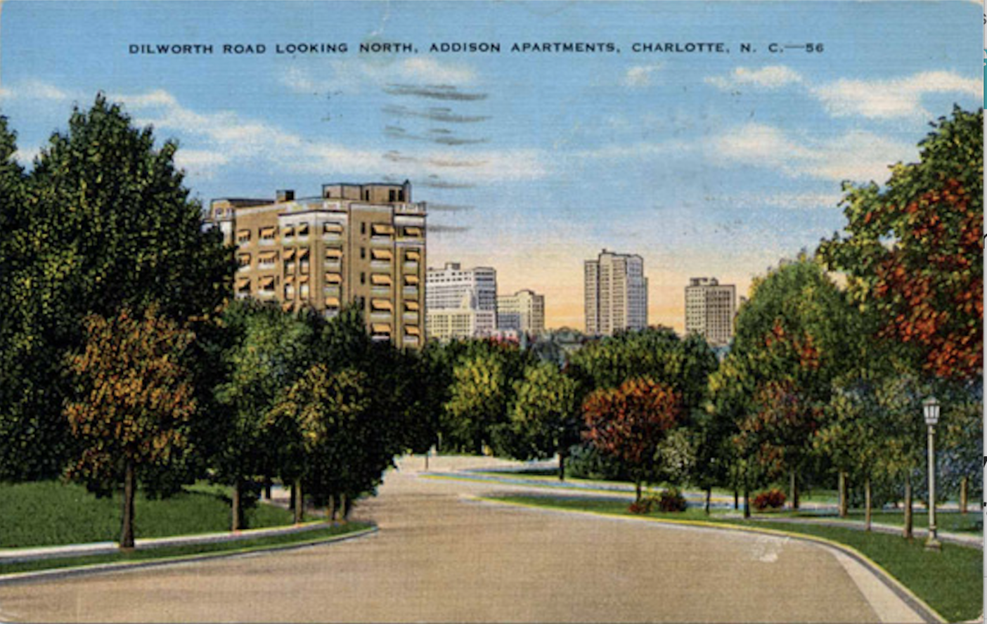 Looking down Dilworth Road to the Addison Apartments circa 1950.
Postcard courtesy of Robinson-Spangler Carolina Room, Charlotte Mecklenburg Library.