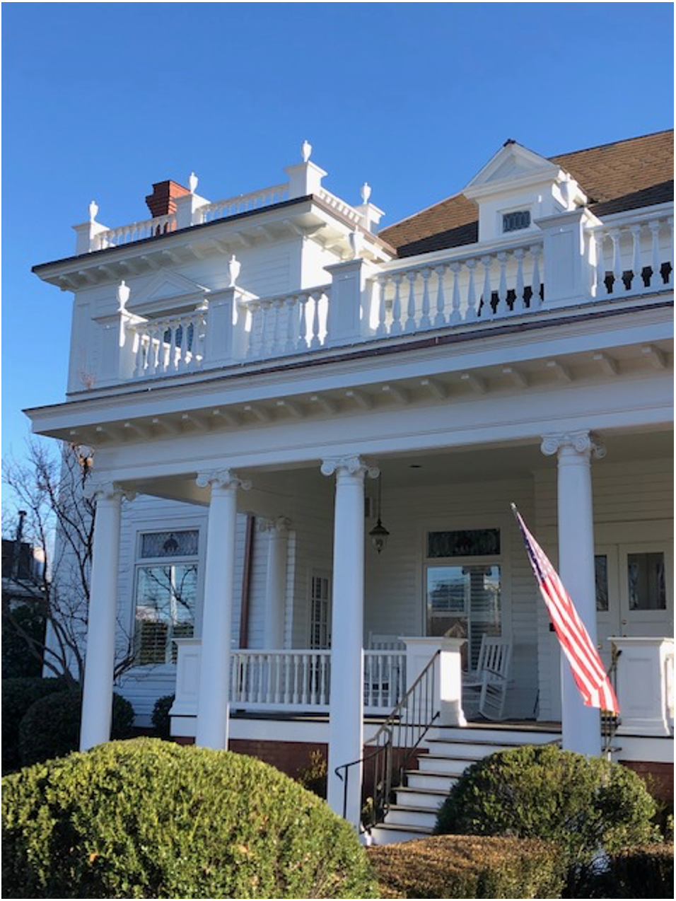 Look across East Boulevard to see the big white Colonial Revival residence built for Walter Brem, one of the city’s leading real estate men. When this went up in 1902, Colonial Revival architecture was cutting-edge. So was living way out here in suburbia. 

Note that Brem had no qualms about living near South Boulevard’s industries. The fashion of separating residential areas off to themselves would not hit Charlotte til later in the 20th century.