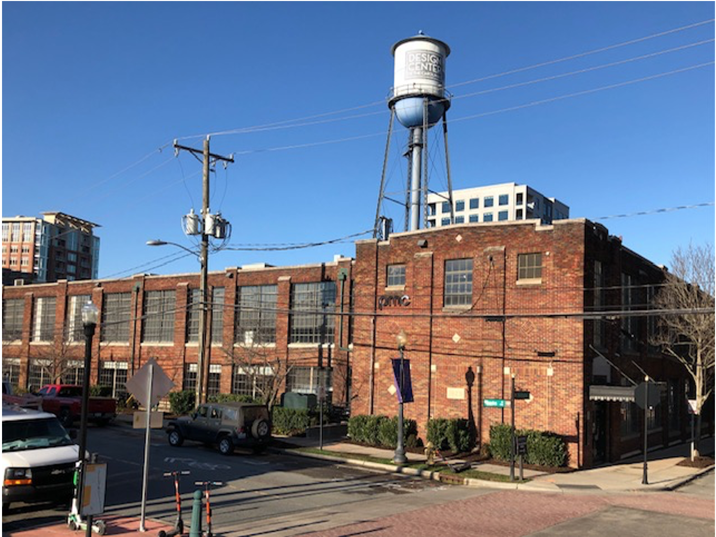 Most early Southern textile mills spun cotton into thread and/or wove thread into cloth. So it was a big deal when Nebel started knitting hosiery. The 1929 complex is now the nucleus of a Tony Pressley vision called The Design Center, whose tenants include architects, interior designers, graphics folks and more.