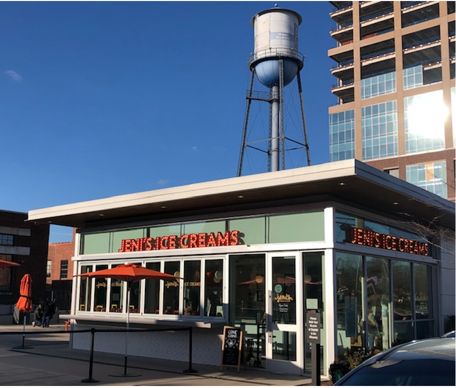 Chain-stores want to be in South End – so many apartments, so many office workers with money to spend. Ohio-based Jeni’s, known for quirky ice cream flavors, picked this spot for their very first North Carolina shop in 2018.