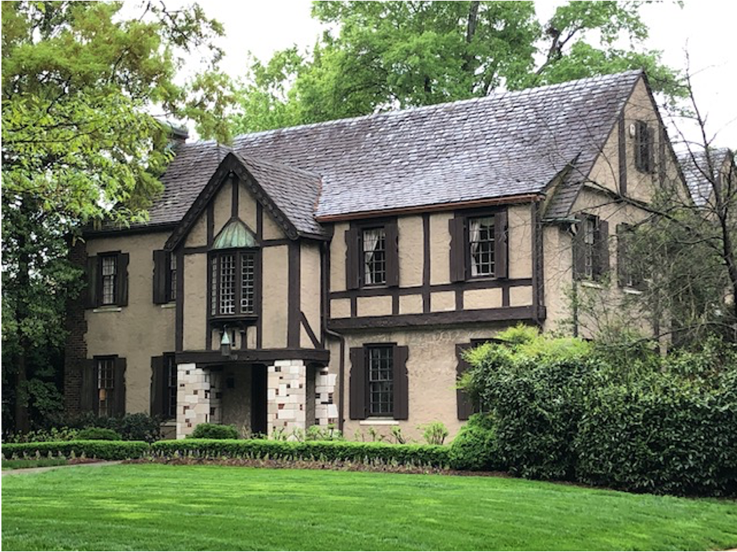 Martin Boyer, a Charlotte architect who loved quaint old design, created this delightful Tudor Revival cottage with its small-paned windows and half-timbered upper walls. The Cramer family were big wheels in textiles. Stuart Cramer, Sr., had filed the first-ever patent for “air conditioning” in 1906, then founded the Gaston County mill town of Cramerton. His son took over running Cramerton – but chose to live in Charlotte.